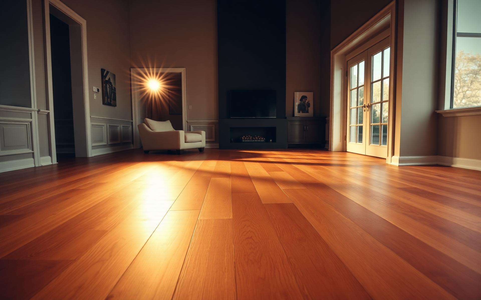 Wide-plank hardwood floor bathed in warm light